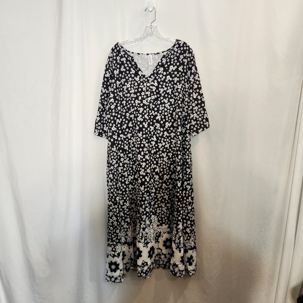ZOLUCKY Black White Floral SS V Neck Neutral Classic Maxi Dress Cottage Women 2X